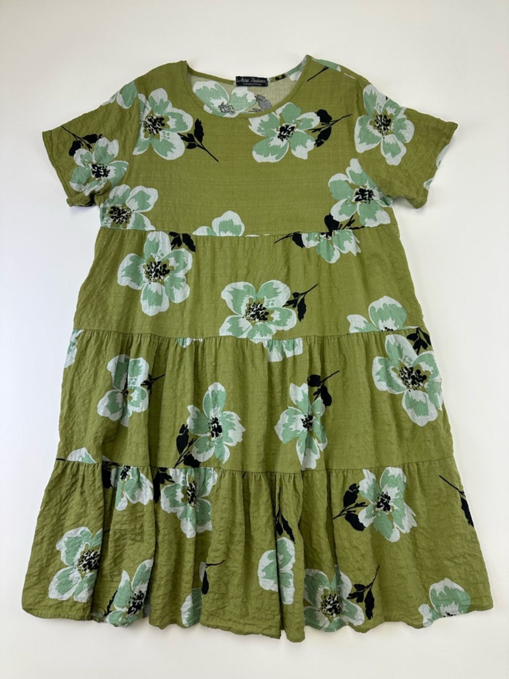 Arisa Floral Cotton Tiered Dress L Olive Green Cottagecore Boho Summer Style